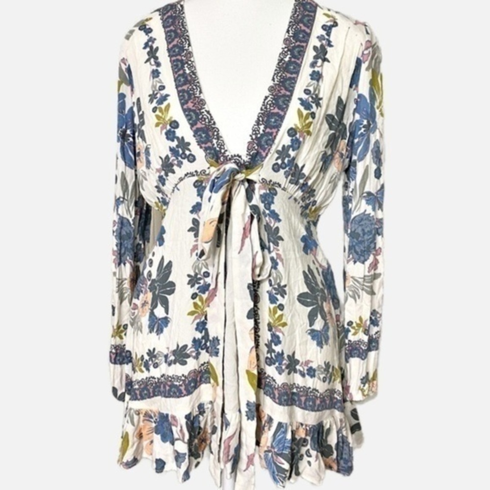 Free People Violet Hill White Floral Printed V Neck Ruffled Mini Dress
